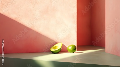 Two halves of an avocado on a light-colored surface.