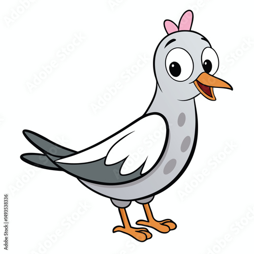 Cartoon pigeon stands cheerfully with wide eyes and an open beak against a plain backdrop
