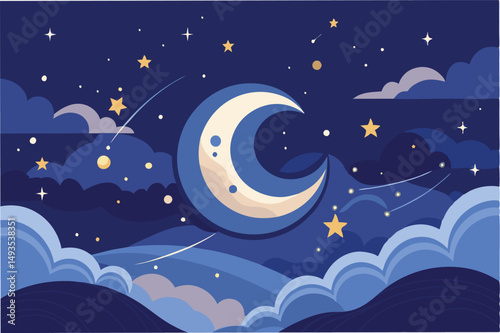 Vector illustration depicting a crescent moon surrounded by stars and clouds in a dark blue night sky highlighting cosmic beauty and tranquility