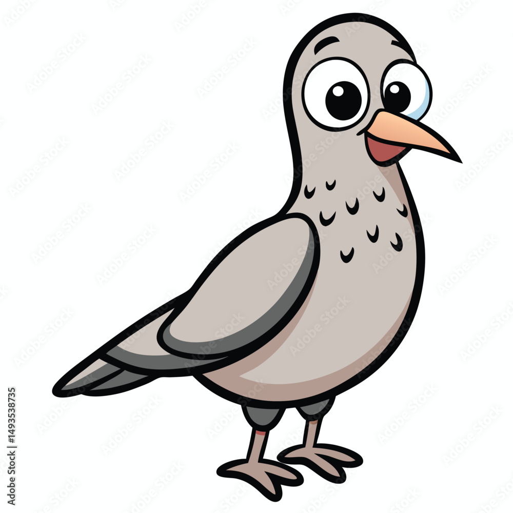 Fototapeta premium A gray cartoon pigeon gazes forward with curious big eyes, showcasing its playful character
