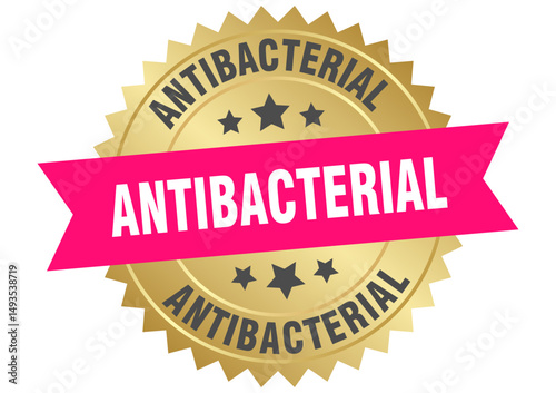antibacterial. antibacterial round pink and gold label isolated on transparent background