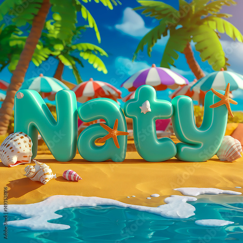 A 3D render of the text NATY” in soft seafoam green typography