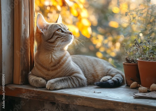 Cat by window, autumn sunlight