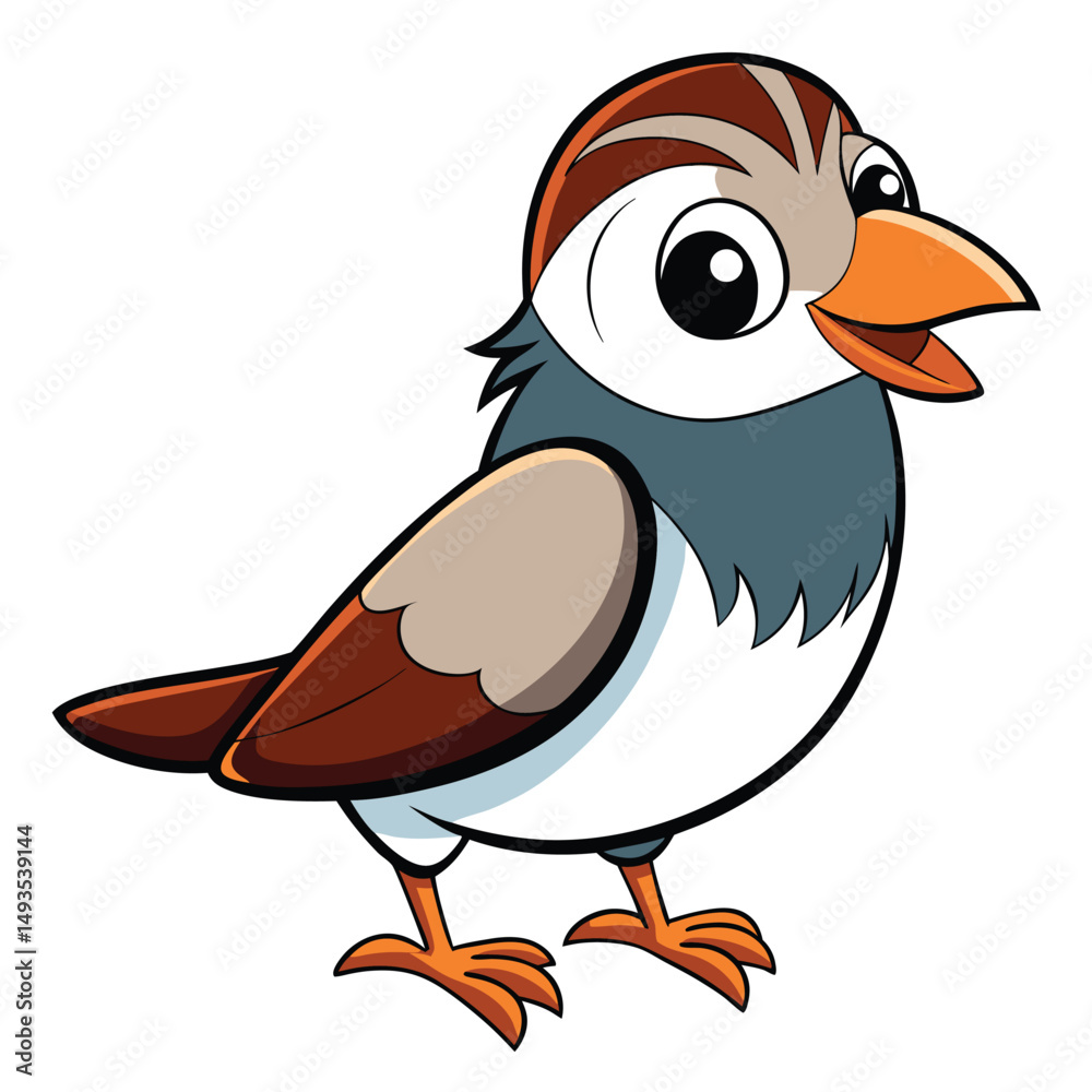 Fototapeta premium Cartoon sparrow with cheerful expression standing with its beak open, a simple and cute style