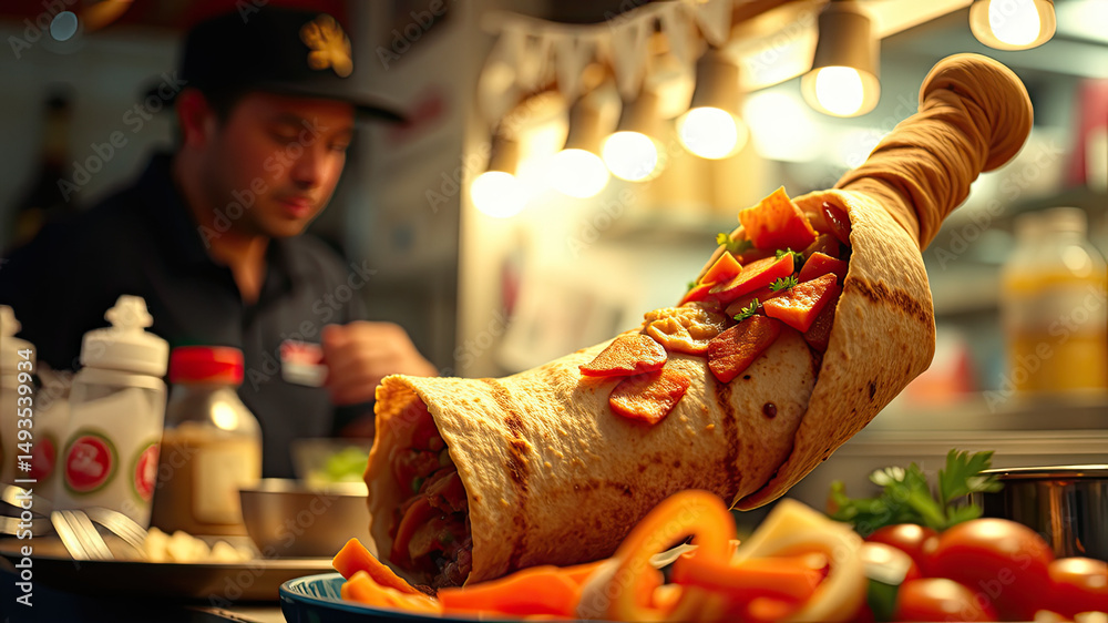 Obraz premium Giant delicious chicken shawarma wrap street food