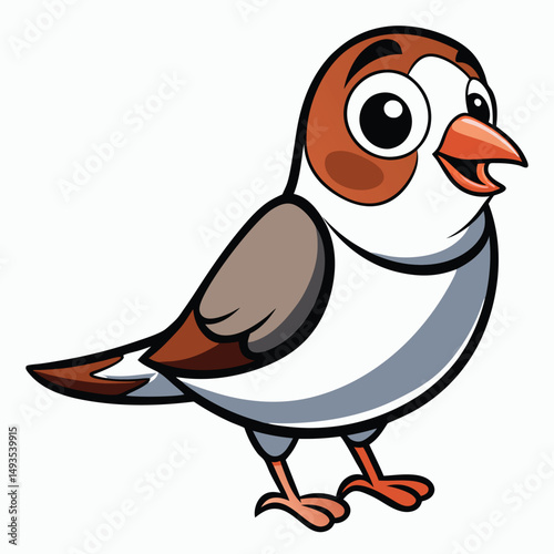 Brown feathered bird with a big eye smiles in a cartoonish style