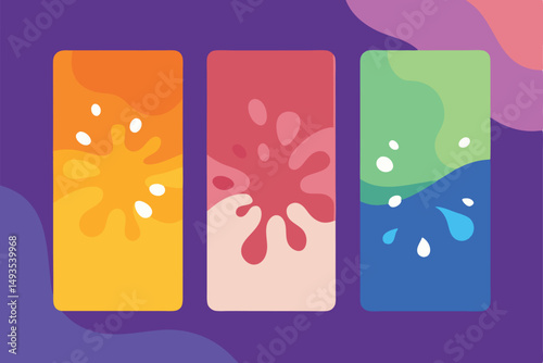 Abstract colorful fluid shapes composition with a trio of modern aesthetic rectangles and transparency