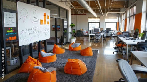 A high-tech conference room in a startup office, featuring a casual, open layout, bean bag chairs, and standing desks. The room includes wall-to-wall whiteboards and casual, creative decor.