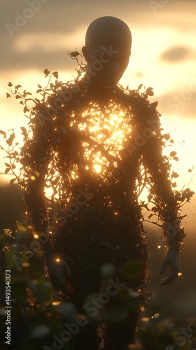 Abstract figure enveloped in foliage at sunset