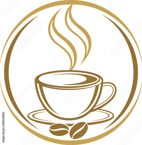 A stylized, gold-toned graphic of a coffee cup steaming, set within a circular frame, and featuring coffee beans.