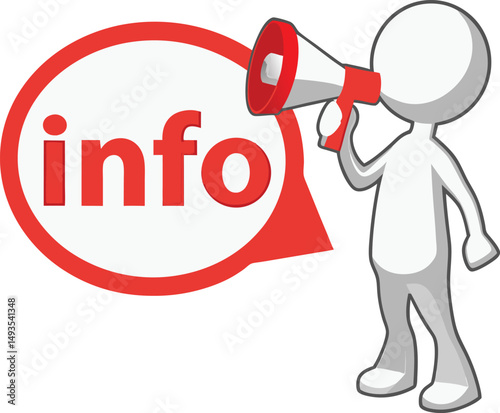 A stylized cartoon figure, in white, is depicted holding a megaphone and announcing information, with the word "info" prominent in a red speech bubble.