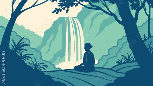 Abstract figure meditating under a waterfall
