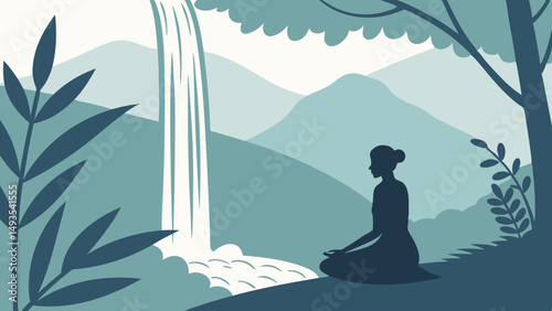 Abstract figure meditating under a waterfall