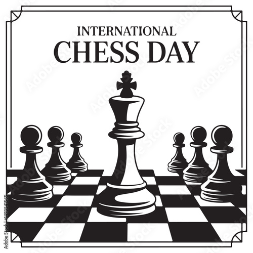 International chess day celebration design featuring a king and pawns on a chessboard