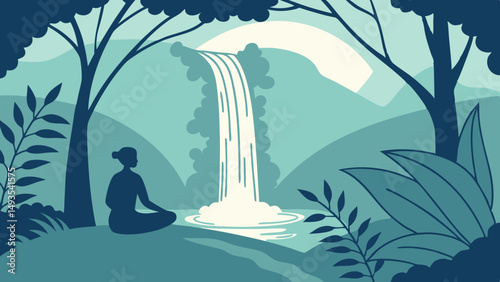 Abstract figure meditating under a waterfall