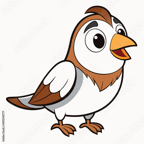 Cartoon sparrow with brown and white feathers looks cheerfully ahead in a vector