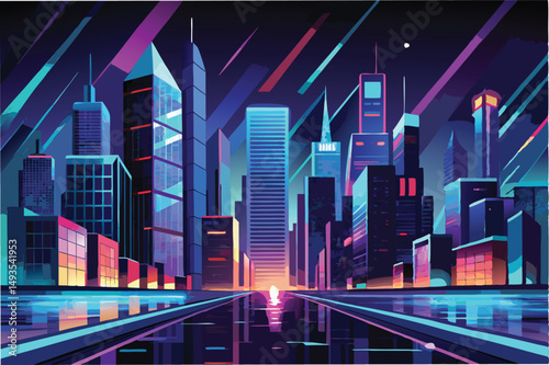 Vibrant vector illustration of a futuristic city skyline at night, showcasing colorful buildings and a rainy ambiance