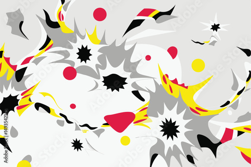 Abstract explosion illustration with dynamic shapes and colorful elements on a white background