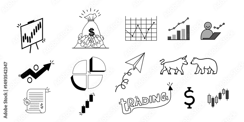Naklejka premium Trading doddle design collection,stock market doddle collection for background design,trading candles,Hand drawn collection.