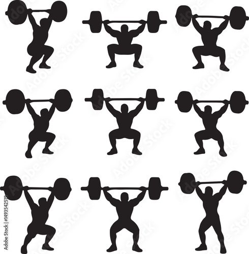 Silhouette collection of weightlifters performing olympic lifts squat clean and jerk in black and white illustrative style
