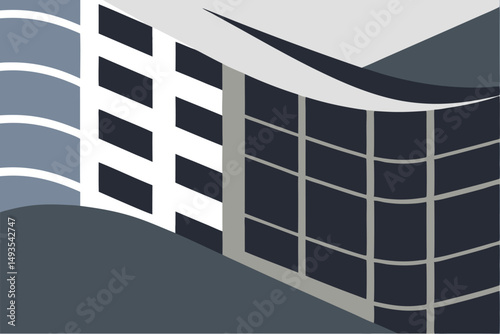 Abstract geometric architectural illustration featuring modern building designs in various shades