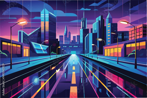 Colorful vector illustration depicting a vibrant urban cityscape at twilight with glowing buildings and a reflective street surface