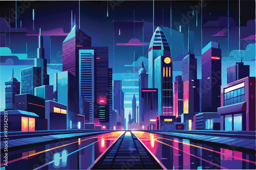 Vibrant vector illustration of a futuristic city skyline at night, showcasing colorful buildings and a rainy ambiance