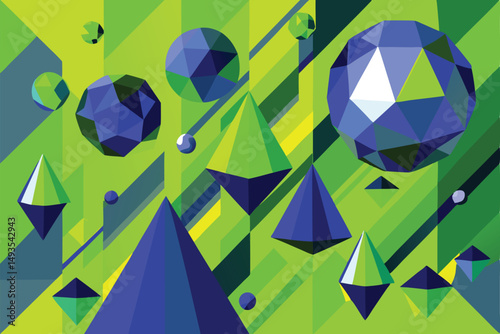 Abstract geometric composition featuring colorful shapes and transparent effects on a white background