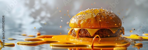 Dripping cheese burger with splashes of sauce.