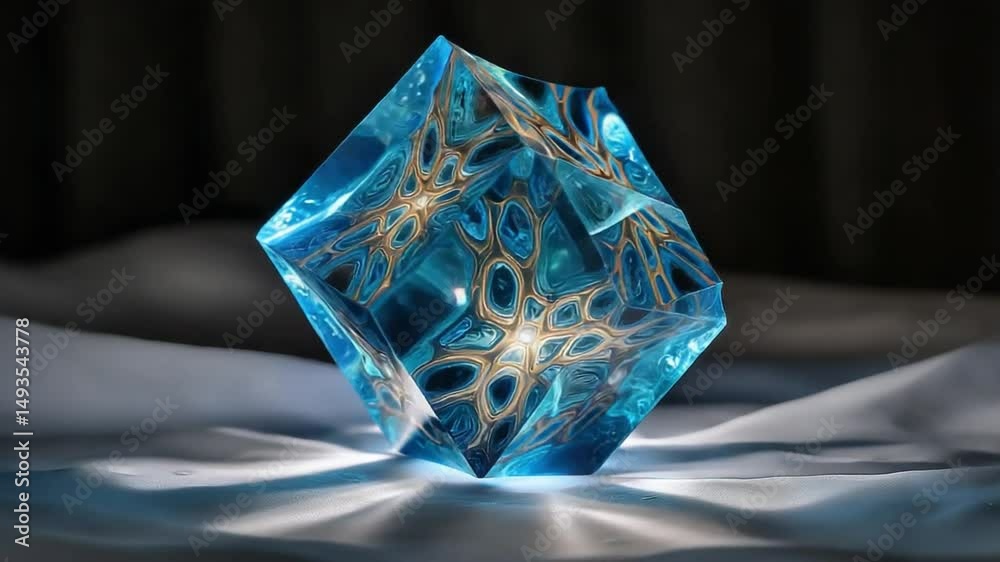 Mystical Cube: An exquisite, geometrically intricate crystal cube glows with internal light, its complex patterns casting a spell of enchantment against a soft backdrop.