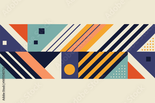 Abstract geometric composition with colorful blocks and shapes on a creamy white background
