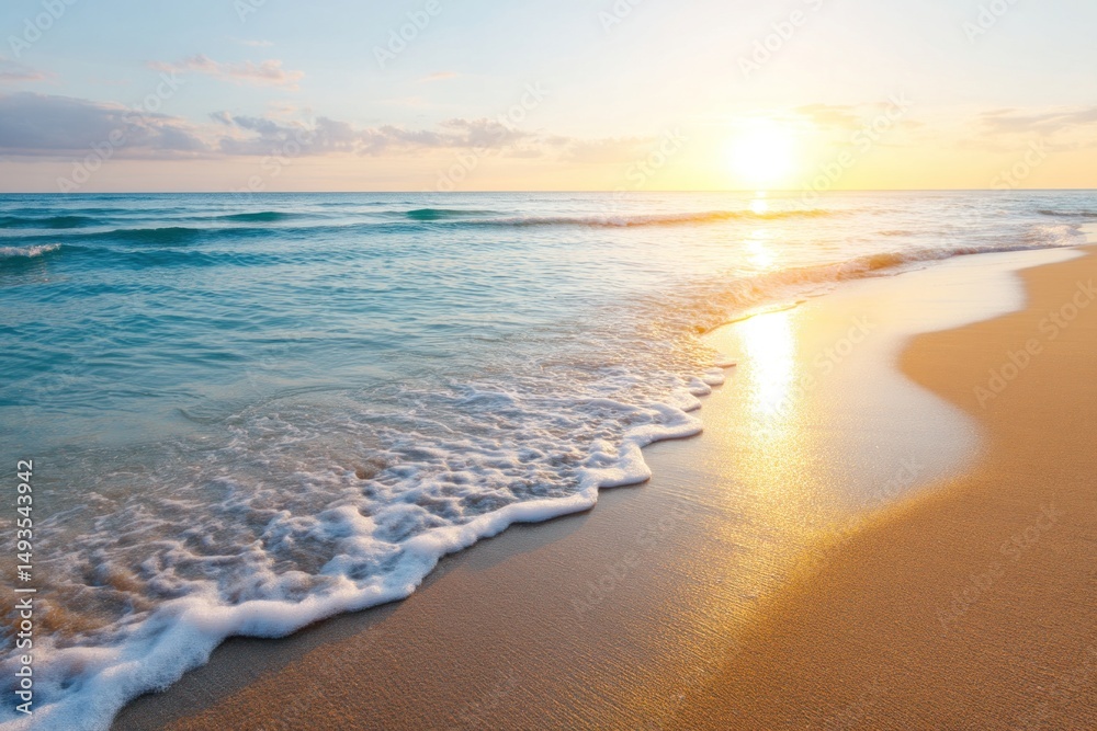 A calm tropical beach showcases soft waves meeting the shore as the sun rises, casting warm colors across the sky and inviting a peaceful morning atmosphere A calm tropical beach showcases soft waves meeting the shore as the sun rises, casting warm colors across the sky and inviting a peaceful morning atmosphere