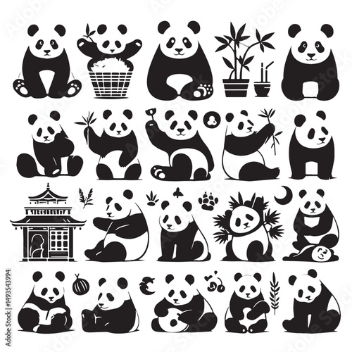 Black Color Panda Silhouette Vector Illustration, Solid White Background. minimal vector design