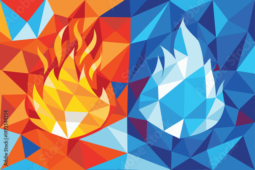 Abstract geometric design illustrating fire and ice elements with vibrant color contrasts