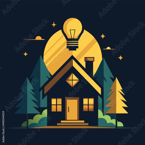 A stylized illustration of a cozy cabin nestled in a forest at night.