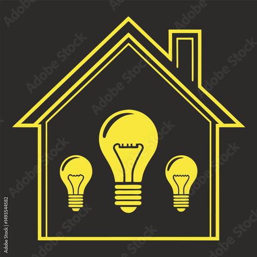 A simple, graphic illustration of a house outline filled with glowing lightbulb icons, evoking a concept of energy efficiency, smart home, or home improvement.