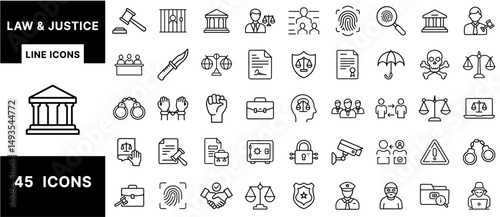 Law and Justice Line Icons – Gavel, Scales, Police, Crime, Legal Documents, Courthouse, Attorney, Courtroom, Justice Symbols, Outline Style