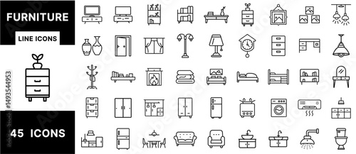 Furniture Line Icons – Home and Office Interior Design, Chairs, Sofas, Beds, Lamps, Tables, Wardrobes, Dressers, Cabinets, and Decor Elements
