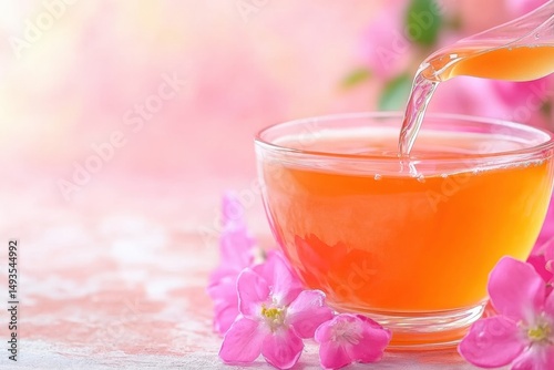 Mixing hydrocolloids into fruit juice with a whisk in a colorful setting Generative AI