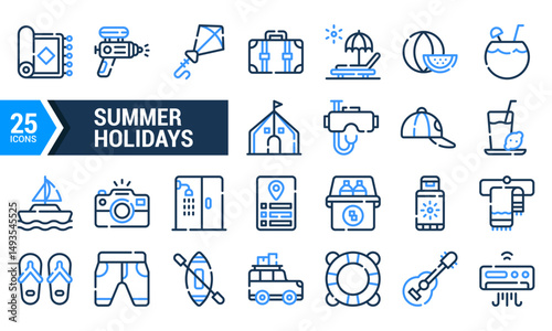 25 Blue Line Icons for Summer Holidays.