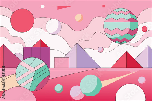 Abstract geometric landscape with planets and pyramids on a transparent background