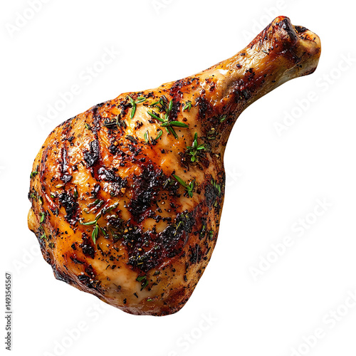 Chicken leg quarter, grilled and garnished with a sprig of rosemary isolated on a White background