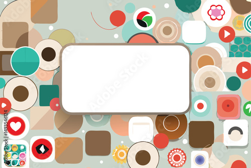 Abstract geometric shapes and icons composition with blank space for content on white background