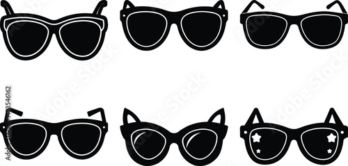 Six different pairs of black sunglasses isolated on white background graphic design concept