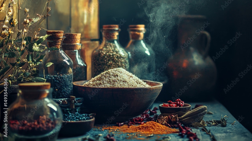Fototapeta premium Spices and herbs in clay containers on wooden table in traditional rustic kitchen environment