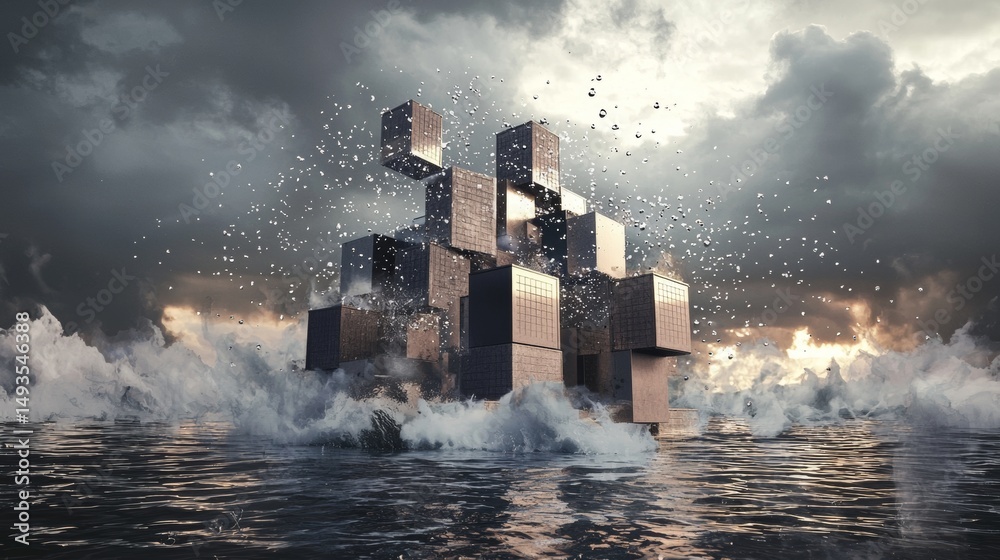 Fototapeta premium Surreal cubic structures emerging from ocean in dark cloudy horizon and fantasy atmosphere