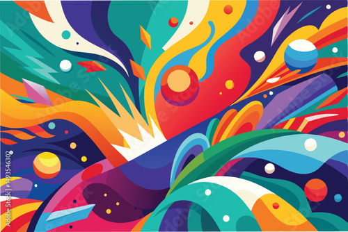Colorful abstract vector illustration depicting dynamic movement with bold shapes, swirls, and cosmic elements against a vibrant background