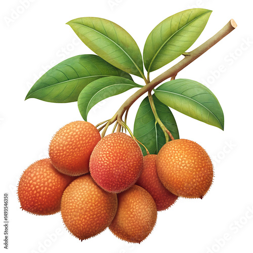 Illustration of a Branch with Spiky Orange Fruits and Green Leaves