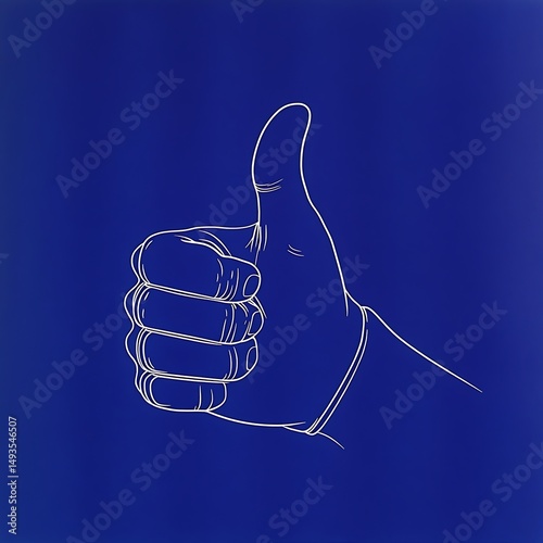 Minimalist Hand Gesture Illustration on a Solid Blue Backdrop with Thumbs Up Symbolism and Positive Connotation.