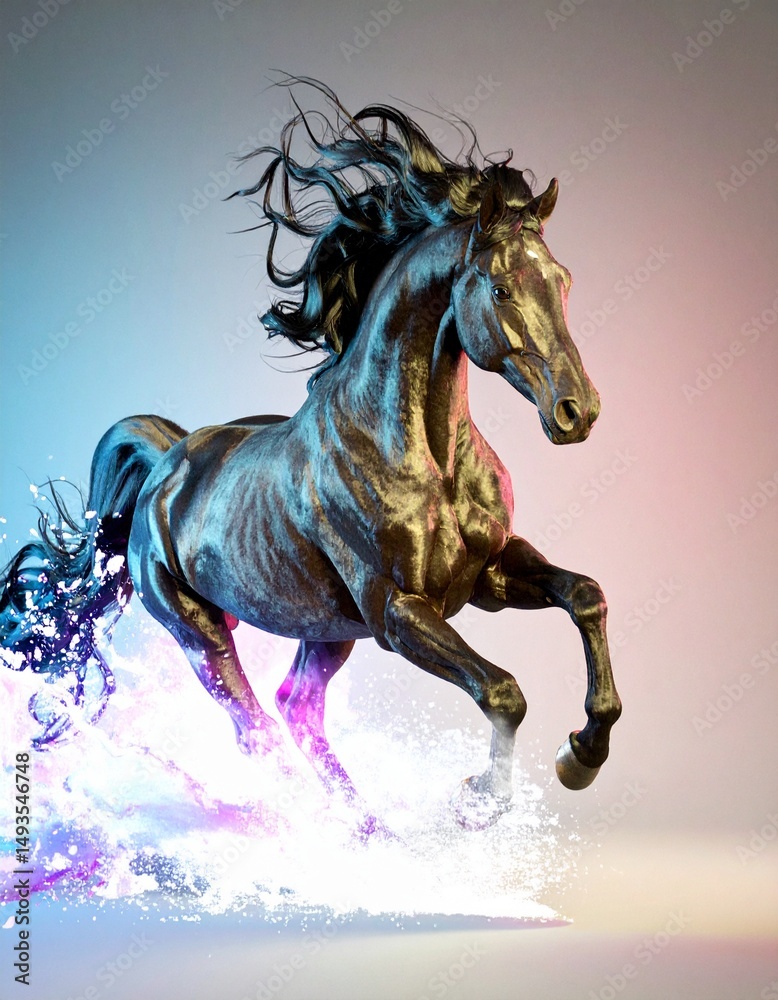 Obraz premium An American Saddlebred horse with its head held high, at a high walk, trotting with its tail set high and flowing dramatically behind